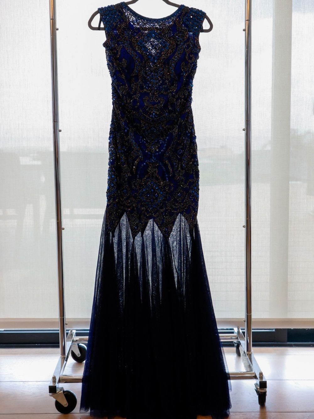 Primavera Couture Navy Beaded Backless Evening Gown